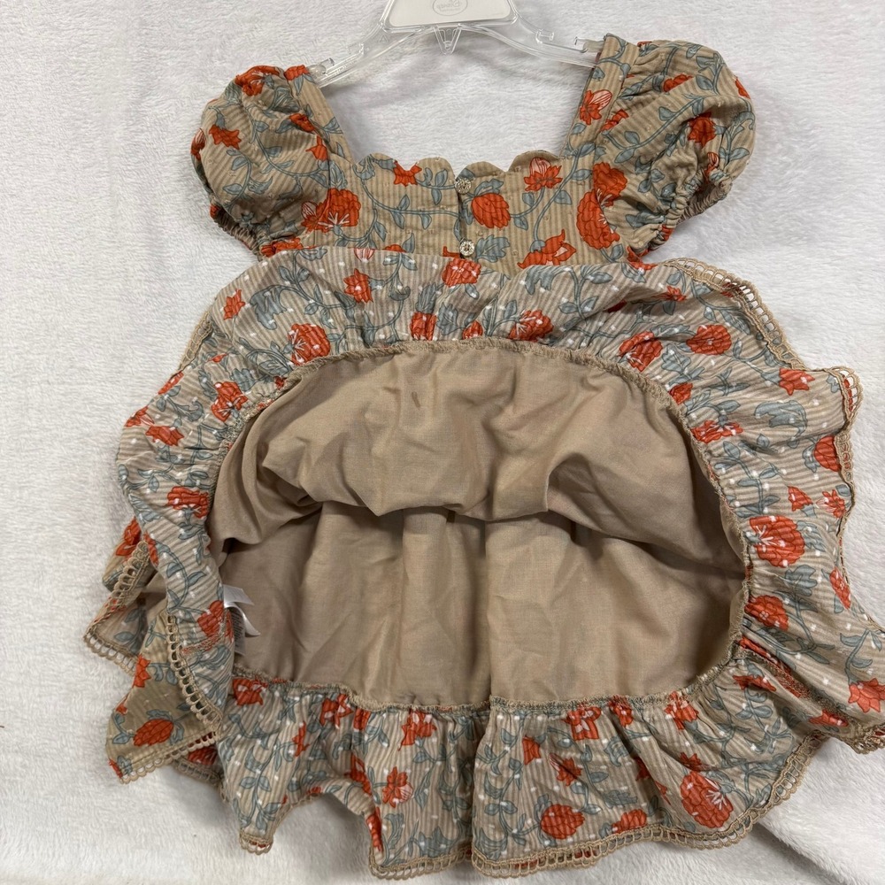 Happily Grey 4T Orange Floral Swiss Dot Tiered Puff Sleeve Scallop Dress Whimsy - Picture 6 of 9